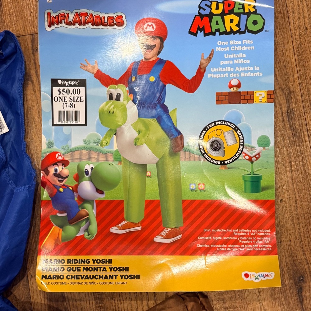 Super Mario Riding Yoshi Inflatable Costume Disguise Kids One Size 7-8 with Hat